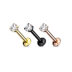 Dynamique CZ Prong Set Threadless Top PVD Over 316L Surgical Steel Push in Style Labret, Flat Back Stud (Sold Per Piece)