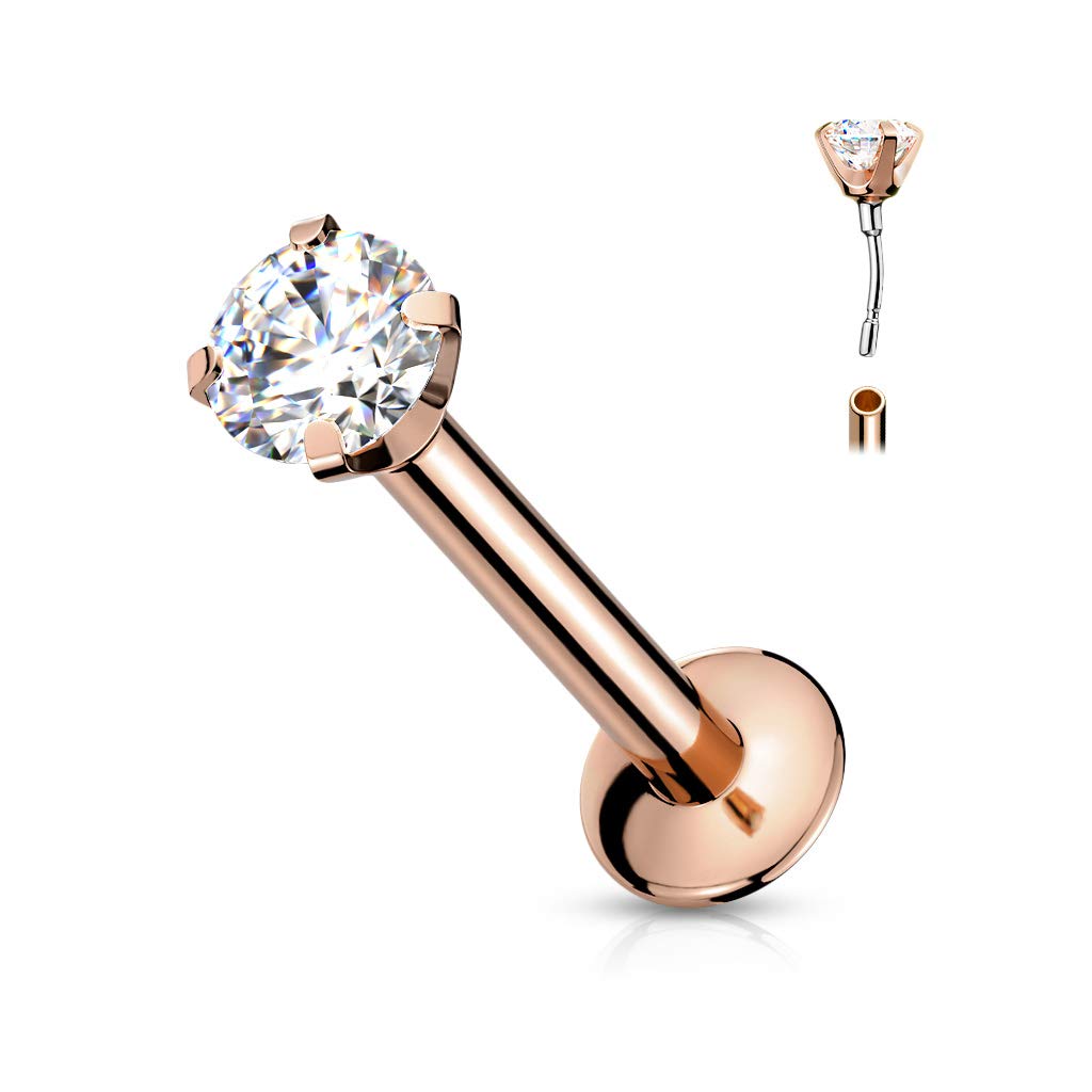 Dynamique CZ Prong Set Threadless Top PVD Over 316L Surgical Steel Push in Style Labret, Flat Back Stud (Sold Per Piece)