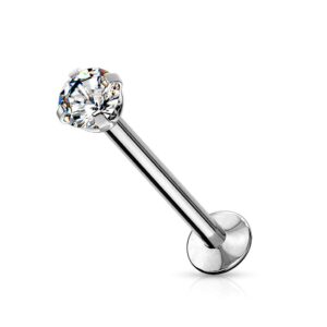 dynamique push in prong set cz top 316l surgical steel threadless labret, monroe, flat back stud (sold per piece)