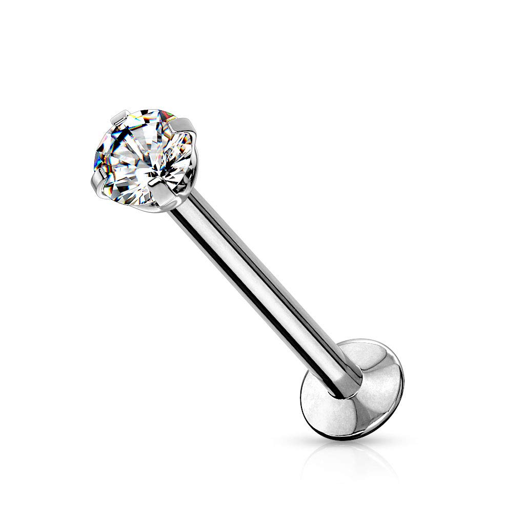 Dynamique Push In Prong Set CZ Top 316L Surgical Steel Threadless Labret, Monroe, Flat Back Stud (Sold Per Piece)