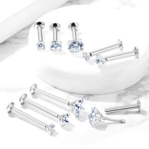 Dynamique Push In Prong Set CZ Top 316L Surgical Steel Threadless Labret, Monroe, Flat Back Stud (Sold Per Piece)