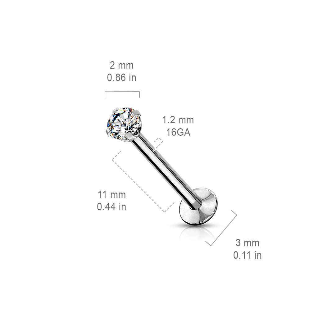 Dynamique Push In Prong Set CZ Top 316L Surgical Steel Threadless Labret, Monroe, Flat Back Stud (Sold Per Piece)