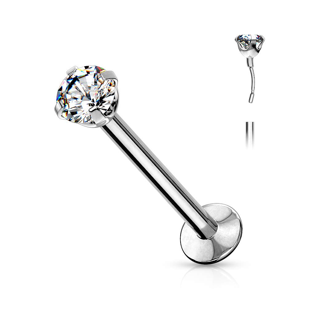 Dynamique Push In Prong Set CZ Top 316L Surgical Steel Threadless Labret, Monroe, Flat Back Stud (Sold Per Piece)