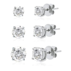 Michael Zweig 14K Solid Gold Posts 925 Sterling Silver Stud Earrings 3pc Set Cubic Zirconia 3.0mm, 4.0mm, 5.0mm, Diamond Carat Weight, 1.75 cttw