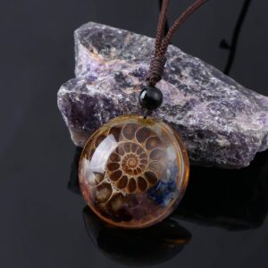 Jovivi 7 Chakra Gemstone Reki Healing Crystal Necklace Round Circle Shape Ammonite Fossil Chip Stones Resin Pendant Necklace for Women Men Jewelry Christmas Gifts