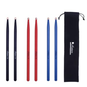 antner 3 pairs drum sticks 5a classic maple drumsticks wood tip drumstick for student and adult, black/red/blue