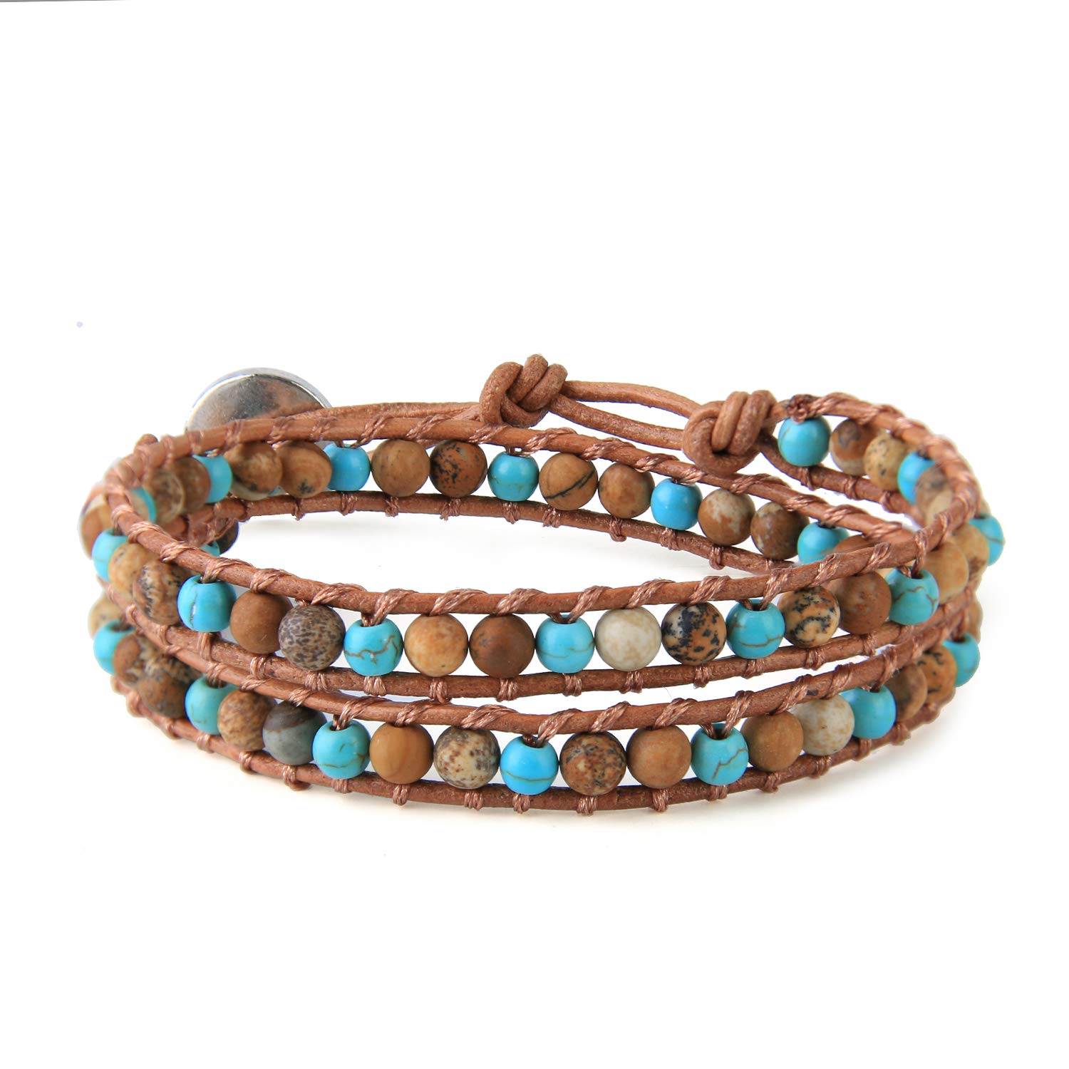 KELITCH Turquoise Leather 2 Wrap Bracelet Tiger Eye Bangle Bracelet Boho Leather Cuff Jewlry