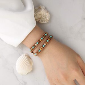 KELITCH Turquoise Leather 2 Wrap Bracelet Tiger Eye Bangle Bracelet Boho Leather Cuff Jewlry