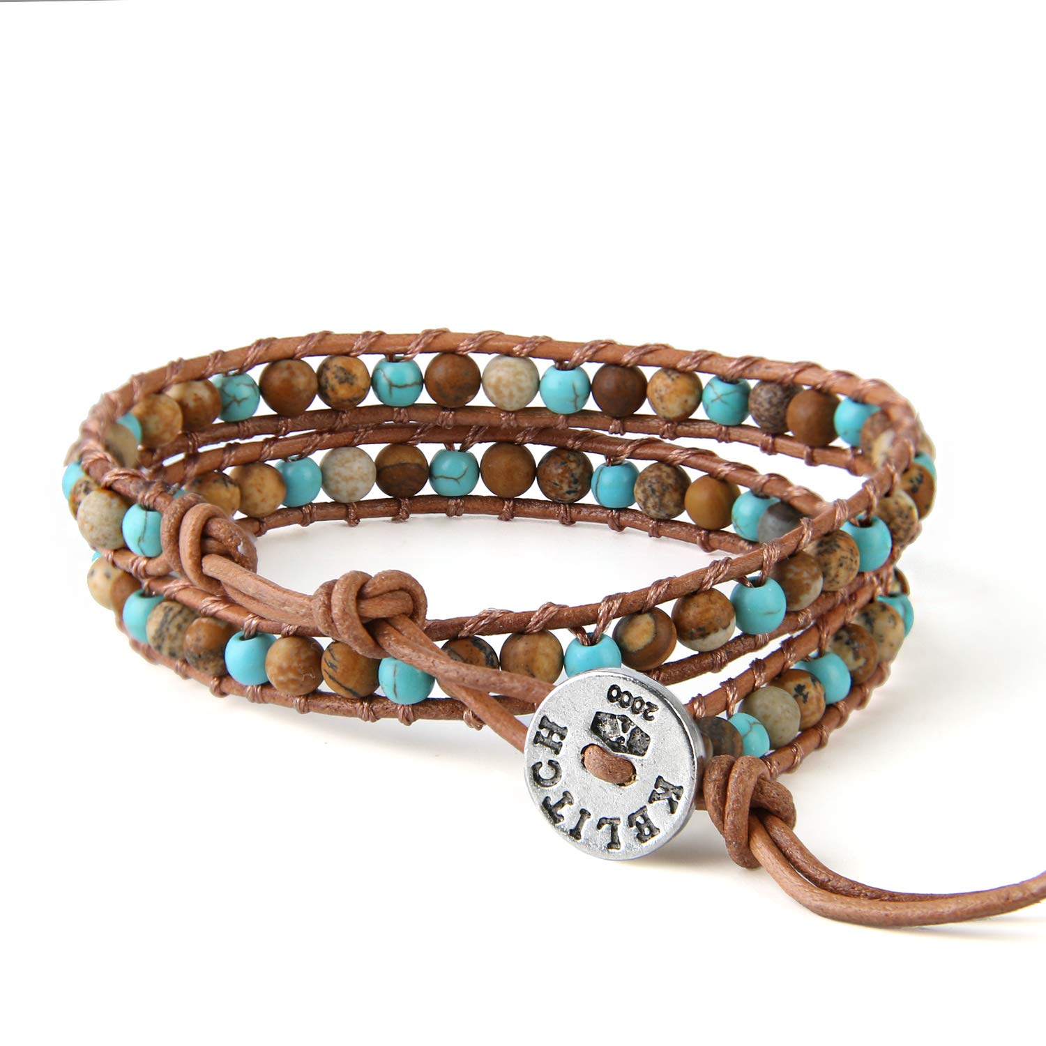 KELITCH Turquoise Leather 2 Wrap Bracelet Tiger Eye Bangle Bracelet Boho Leather Cuff Jewlry