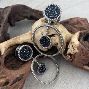 Mystic Metals Body Jewelry Pair of 316L Steel Screw on Plugs with Round Druzy Dangle (PS-260) (1/2" (12mm))