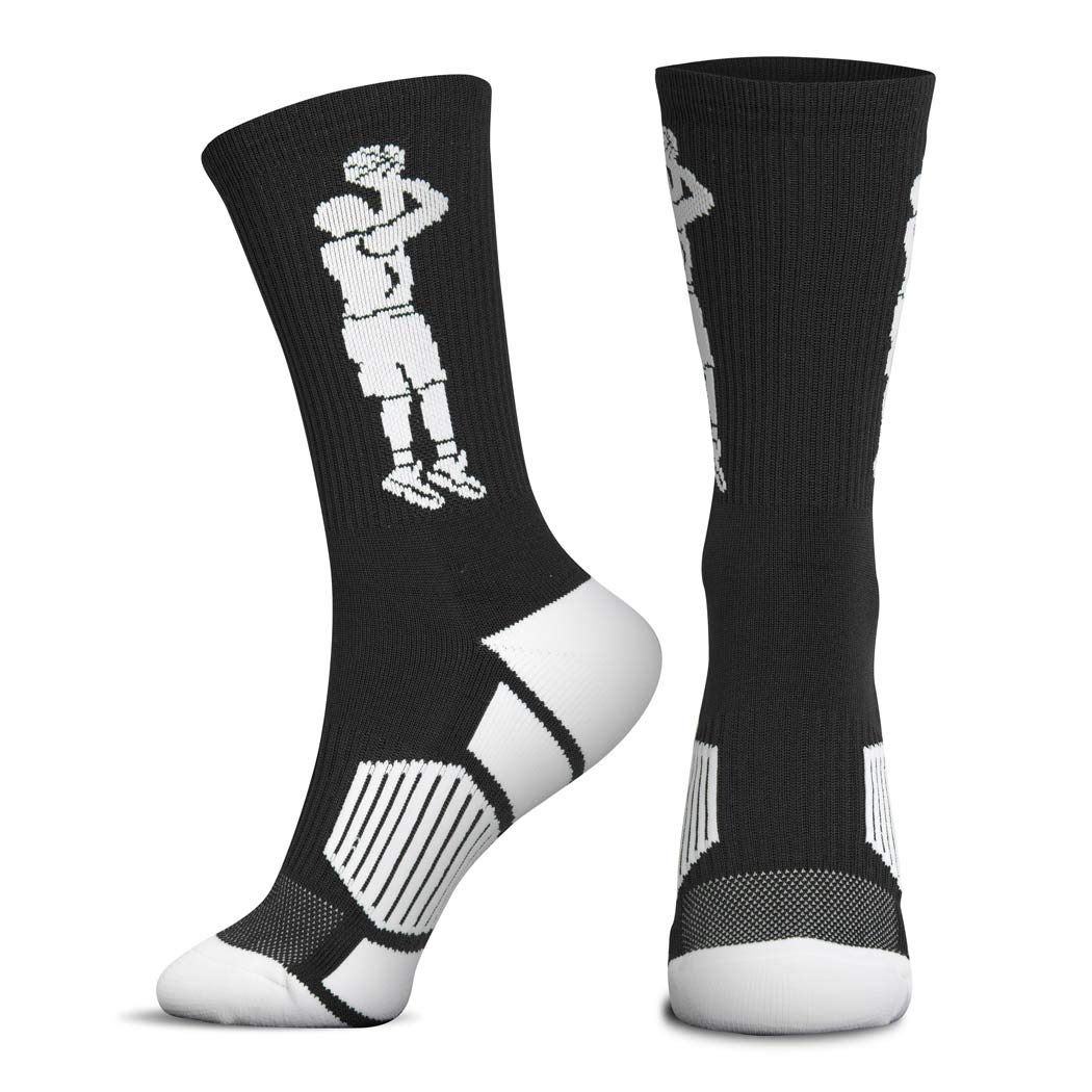 ChalkTalkSPORTS Basketball Player Woven Mid-Calf Socks | Jump Shot (Black/White)