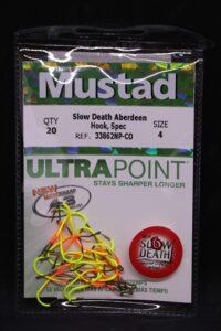 mustad slow death aberdeen hook, special bent shank, 4, chartreuse orange