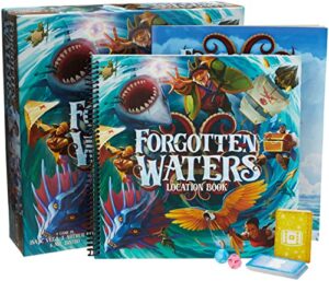 forgotten waters board game - embark on a hilarious pirate adventure in a world of high seas hijinks! cooperative strategy game, ages 14+, 3-7 players, 2-4 hour playtime, made by plaid hat games