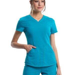 Cherokee Women's V Neck Scrubs Top with Shirttail Hem WW601, XXS, Teal Blue