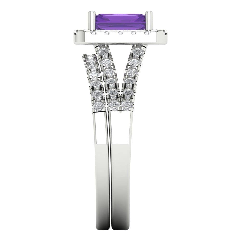 Clara Pucci 1.54 carat Emerald Cut Halo Solitaire Natural Amethyst Engagement Wedding Anniversary Bridal Ring band set 14k White Gold 8.5