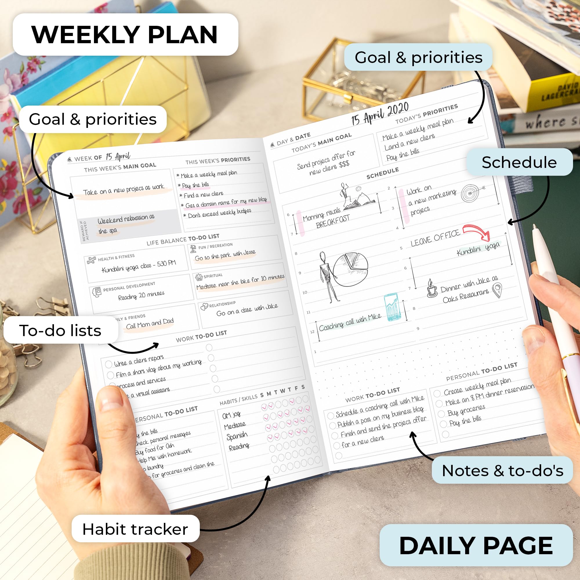 Clever Fox Planner Daily Premium – Undated Daily Planner with Hourly Schedule, Personal Organizer, Productivity Journal, 6 Months (Silver Black)