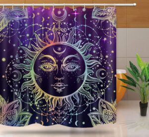 ntetsn sun moon shower curtain, burning sun with star psychedelic theme bath curtain, washable upgrade polyester fabric for bathroom set with hooks, purple ylyynt7-60(6072)