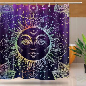 NTETSN Sun Moon Shower Curtain, Burning Sun with Star Psychedelic Theme Bath Curtain, Washable Upgrade Polyester Fabric for Bathroom Set with Hooks, Purple YLYYNT7-60(6072)