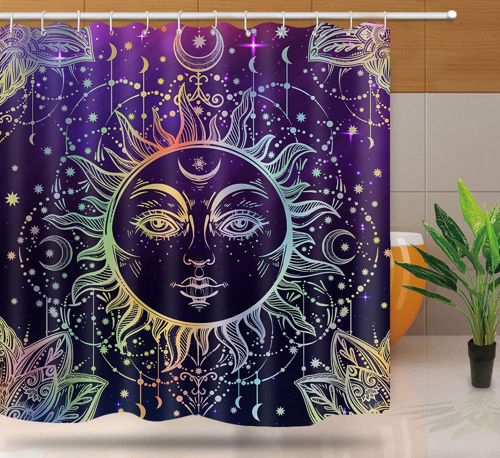 NTETSN Sun Moon Shower Curtain, Burning Sun with Star Psychedelic Theme Bath Curtain, Washable Upgrade Polyester Fabric for Bathroom Set with Hooks, Purple YLYYNT7-60(6072)