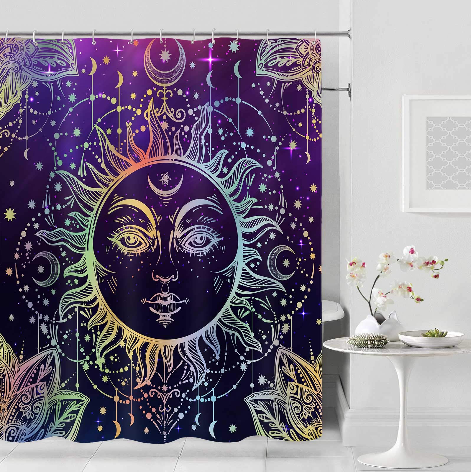 NTETSN Sun Moon Shower Curtain, Burning Sun with Star Psychedelic Theme Bath Curtain, Washable Upgrade Polyester Fabric for Bathroom Set with Hooks, Purple YLYYNT7-60(6072)