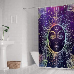 NTETSN Sun Moon Shower Curtain, Burning Sun with Star Psychedelic Theme Bath Curtain, Washable Upgrade Polyester Fabric for Bathroom Set with Hooks, Purple YLYYNT7-60(6072)