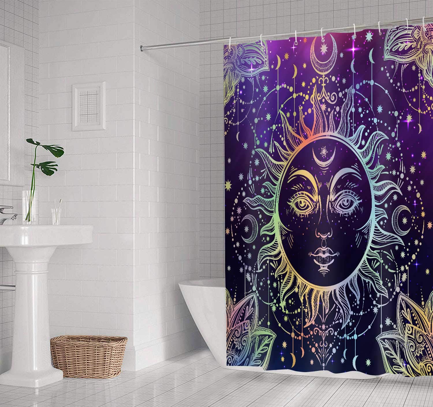 NTETSN Sun Moon Shower Curtain, Burning Sun with Star Psychedelic Theme Bath Curtain, Washable Upgrade Polyester Fabric for Bathroom Set with Hooks, Purple YLYYNT7-60(6072)