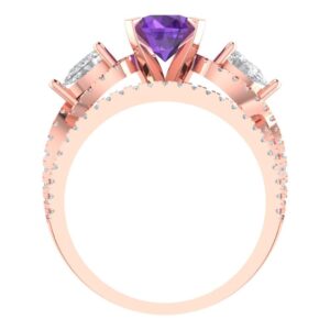 Clara Pucci 1.94 carat Round Shape Solitaire 3 stone Natural Amethyst Engagement Wedding Anniversary Bridal Ring band set 14k Rose Gold 7