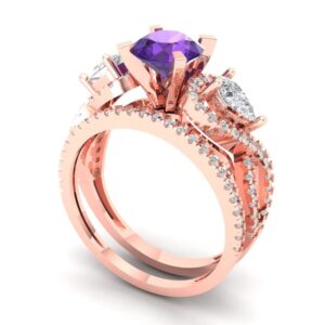 Clara Pucci 1.94 carat Round Shape Solitaire 3 stone Natural Amethyst Engagement Wedding Anniversary Bridal Ring band set 14k Rose Gold 7