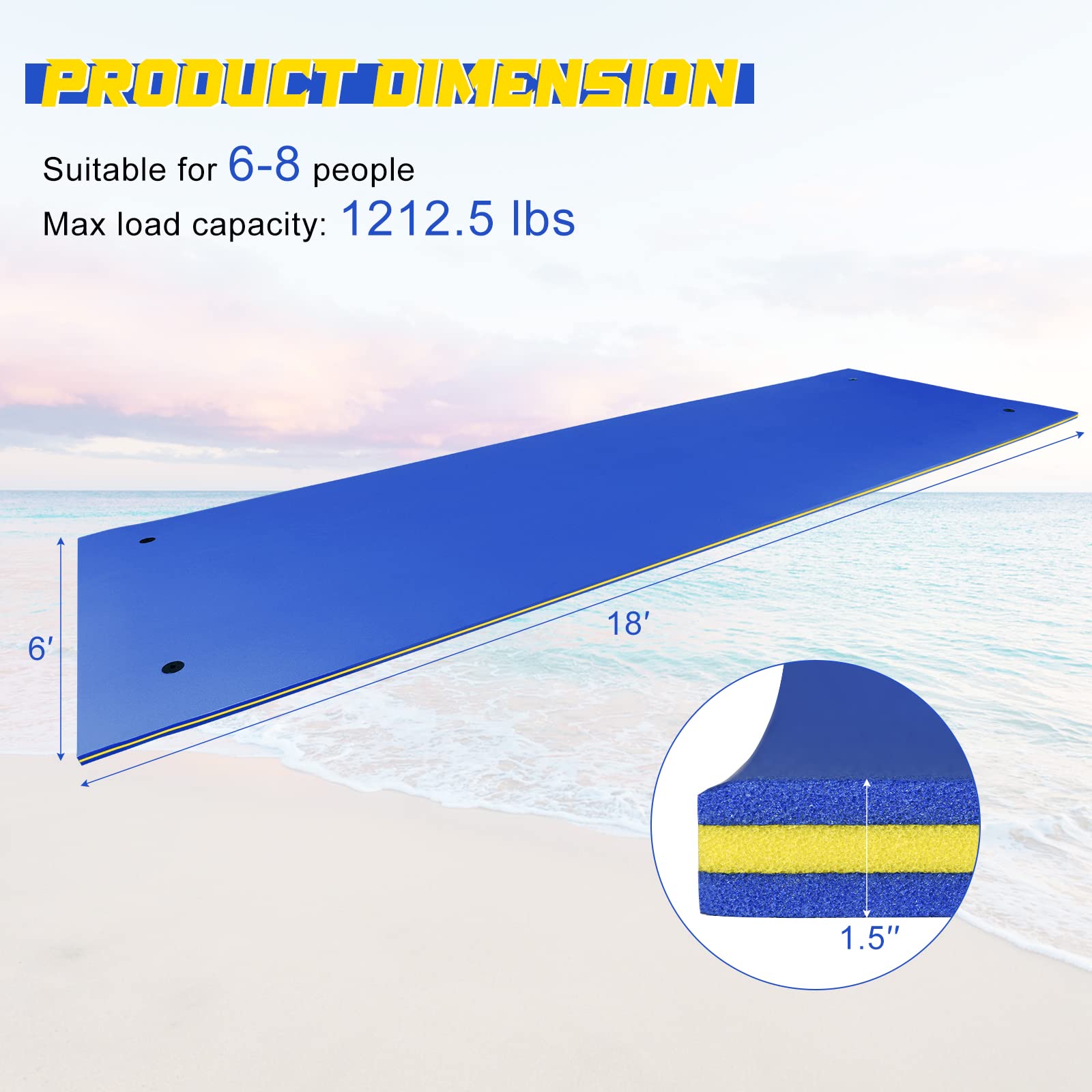 GLACER Floating Water Mat, Floating Water Pad, Tear-Resistant XPE Foam, 18’ x 6’ Large Float Pad, Large Swim Mat, Roll-up Pool Float Mat for Relaxing and Recreation, for Beach, Lake, Pool (Blue)