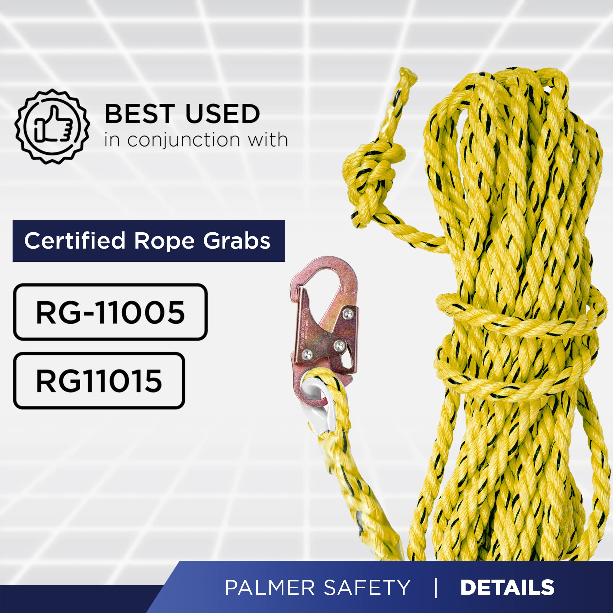 Palmer Safety Fall Protection 50' Vertical Rope Lifeline with One Locking Snap Hook I 5/8" Diameter Co-Polymer Twisted Rope I Ideal use for Climbing, Roofing, Scaffolding, Search & Rescue (Yellow)