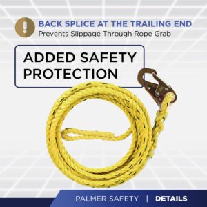 Palmer Safety Fall Protection 50' Vertical Rope Lifeline with One Locking Snap Hook I 5/8" Diameter Co-Polymer Twisted Rope I Ideal use for Climbing, Roofing, Scaffolding, Search & Rescue (Yellow)