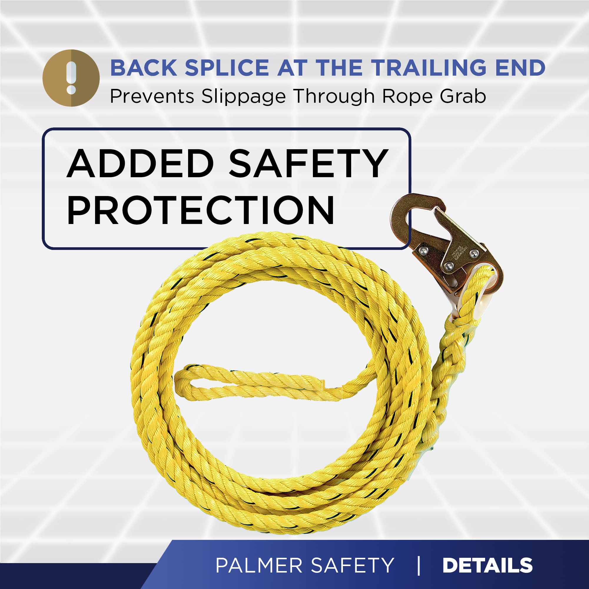 Palmer Safety Fall Protection 50' Vertical Rope Lifeline with One Locking Snap Hook I 5/8" Diameter Co-Polymer Twisted Rope I Ideal use for Climbing, Roofing, Scaffolding, Search & Rescue (Yellow)