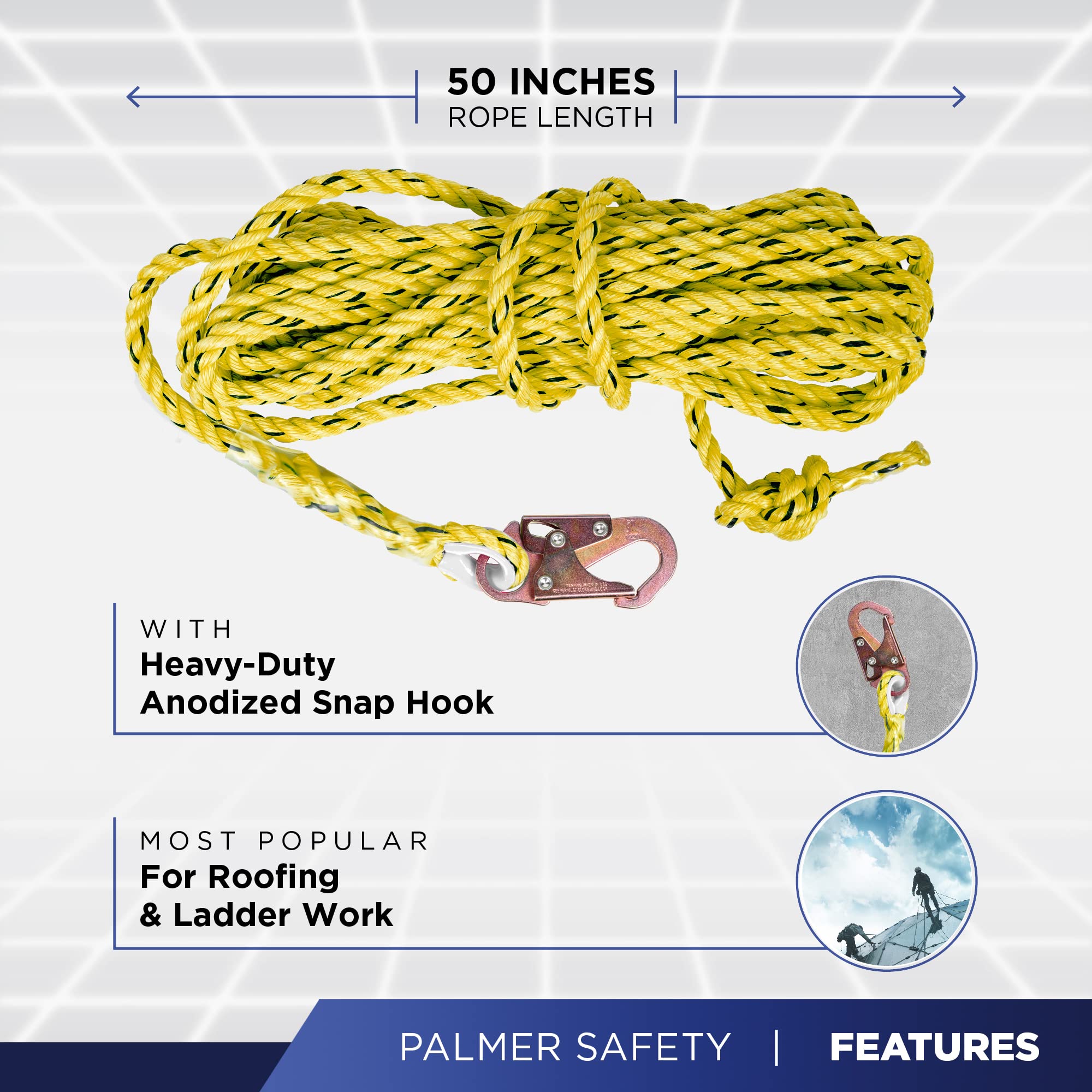 Palmer Safety Fall Protection 50' Vertical Rope Lifeline with One Locking Snap Hook I 5/8" Diameter Co-Polymer Twisted Rope I Ideal use for Climbing, Roofing, Scaffolding, Search & Rescue (Yellow)