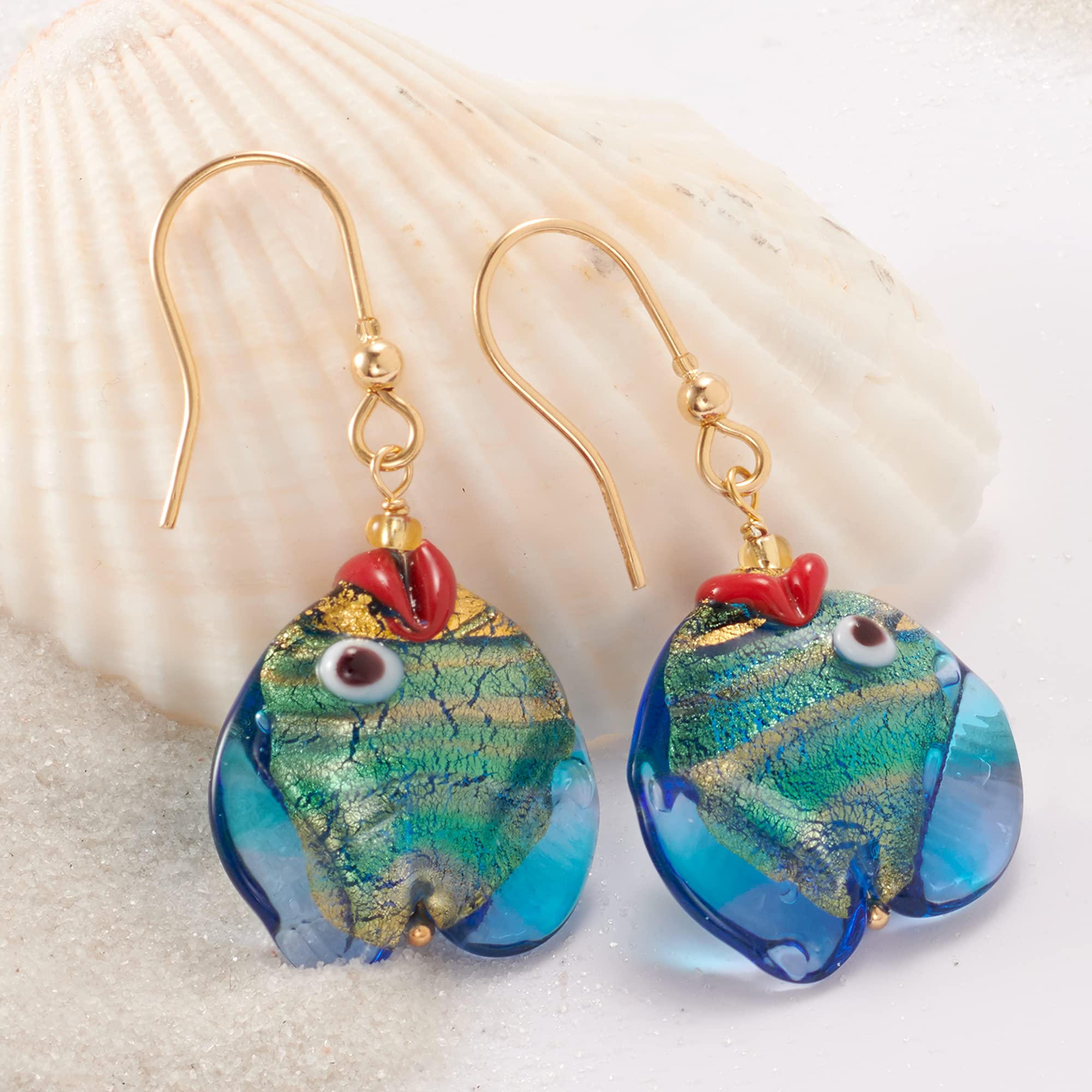 Ross-Simons Italian Blue and Green Murano Glass Fish Drop Earrings With 18kt Gold Over Sterling