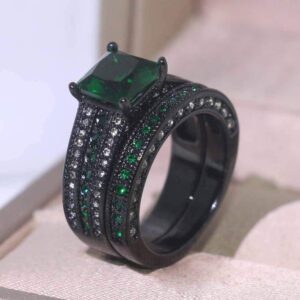 Bridal Sets Luxury Black Gold Plated Womens Wedding Ring Sets Princess cut 8mm Green Cz Engagement Ring Sets