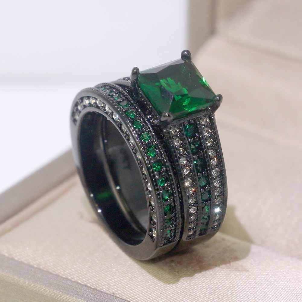 Bridal Sets Luxury Black Gold Plated Womens Wedding Ring Sets Princess cut 8mm Green Cz Engagement Ring Sets