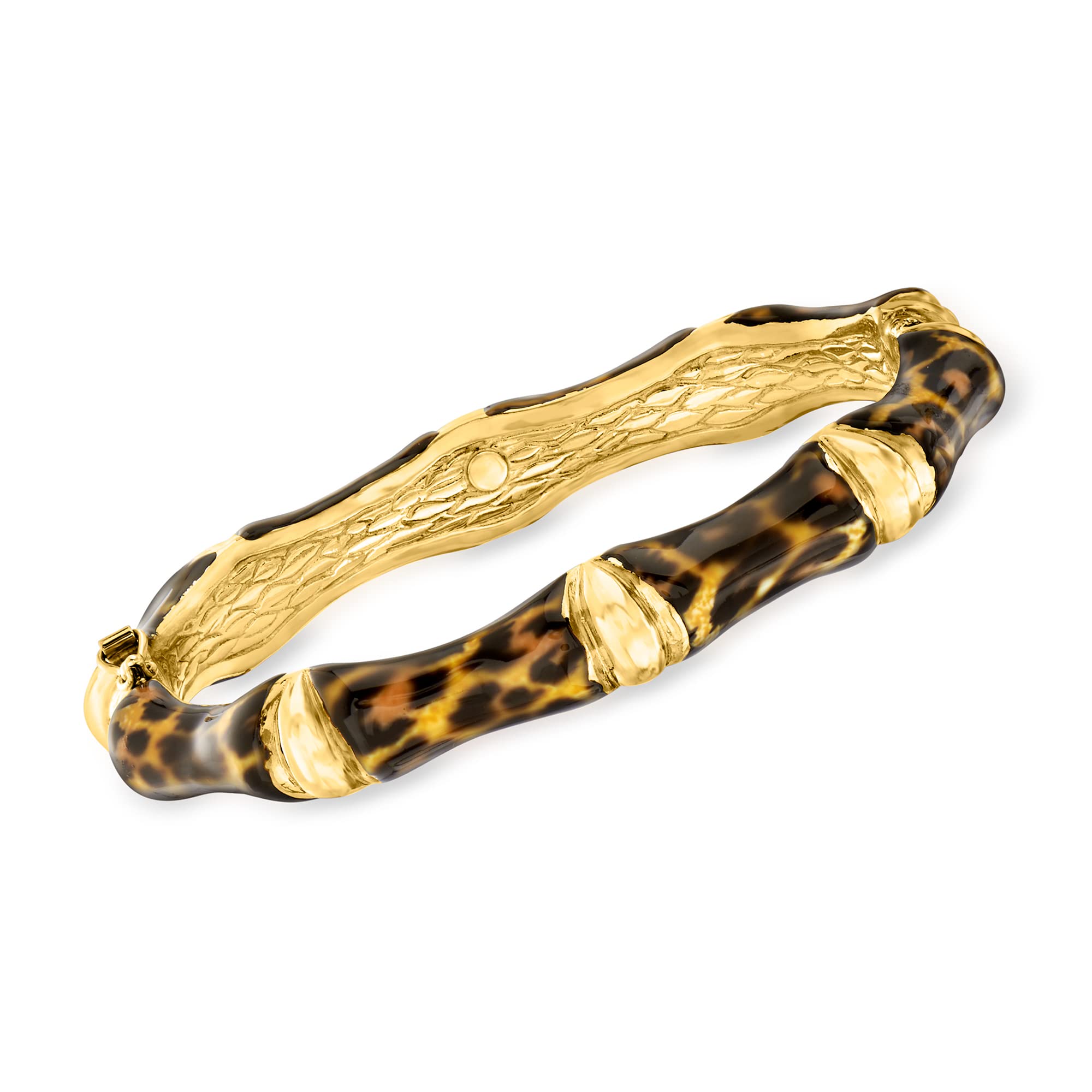 Ross-Simons Italian Leopard-Print Enamel Bamboo-Style Bangle Bracelet in 18kt Gold Over Sterling. 8 inches