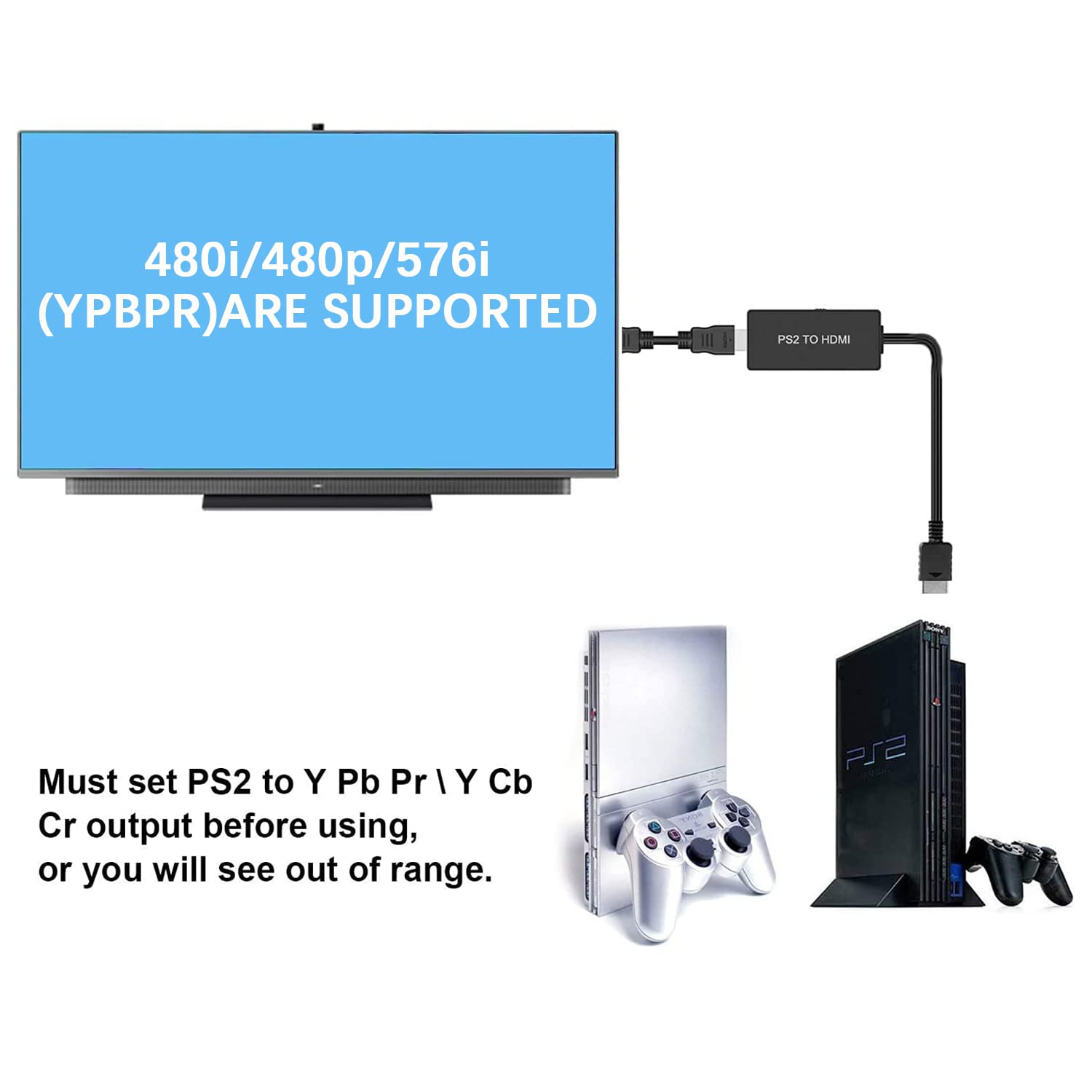 Azduou PS2 to HDMI Converter, HDMI Cable for PlayStation 2/ PlayStation 3 Console. Connecting PS2/ PS3 to HDTV with True Ypbpr HD Signal Output (100% Improve Video Quality)