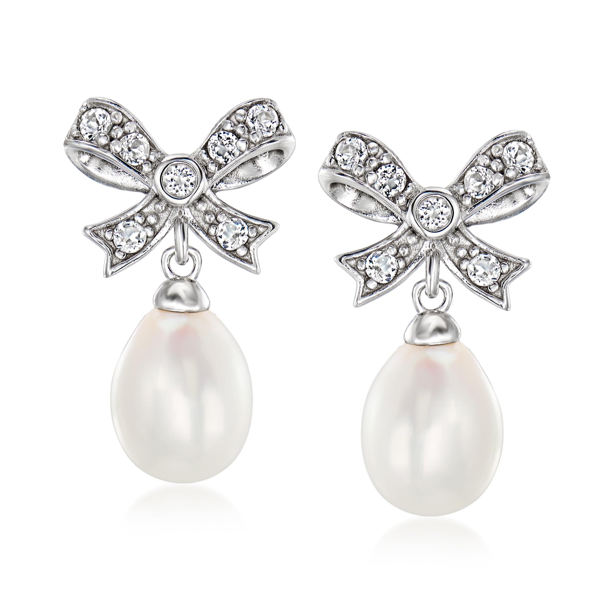 Ross-Simons 8-9mm Cultured Pearl and .30 ct. t.w. White Topaz Bow Drop Earrings in Sterling Silver