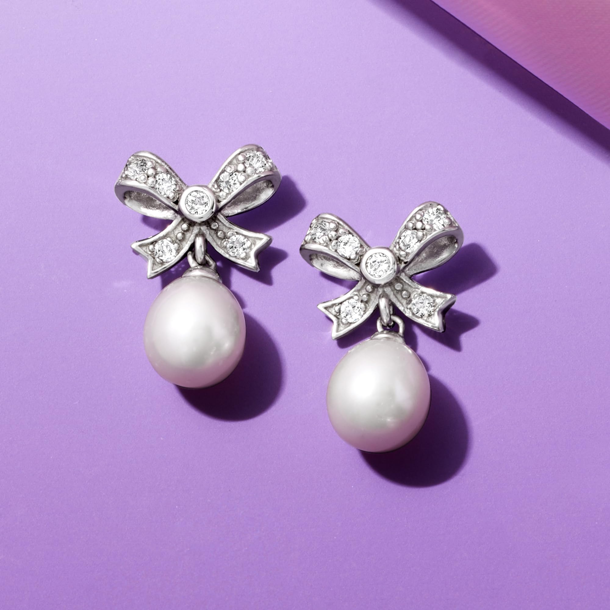 Ross-Simons 8-9mm Cultured Pearl and .30 ct. t.w. White Topaz Bow Drop Earrings in Sterling Silver