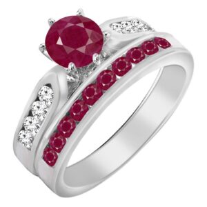 dazzlingrock collection round ruby and white diamond ladies wedding stackable band engagement ring set, 10k white gold, size 5