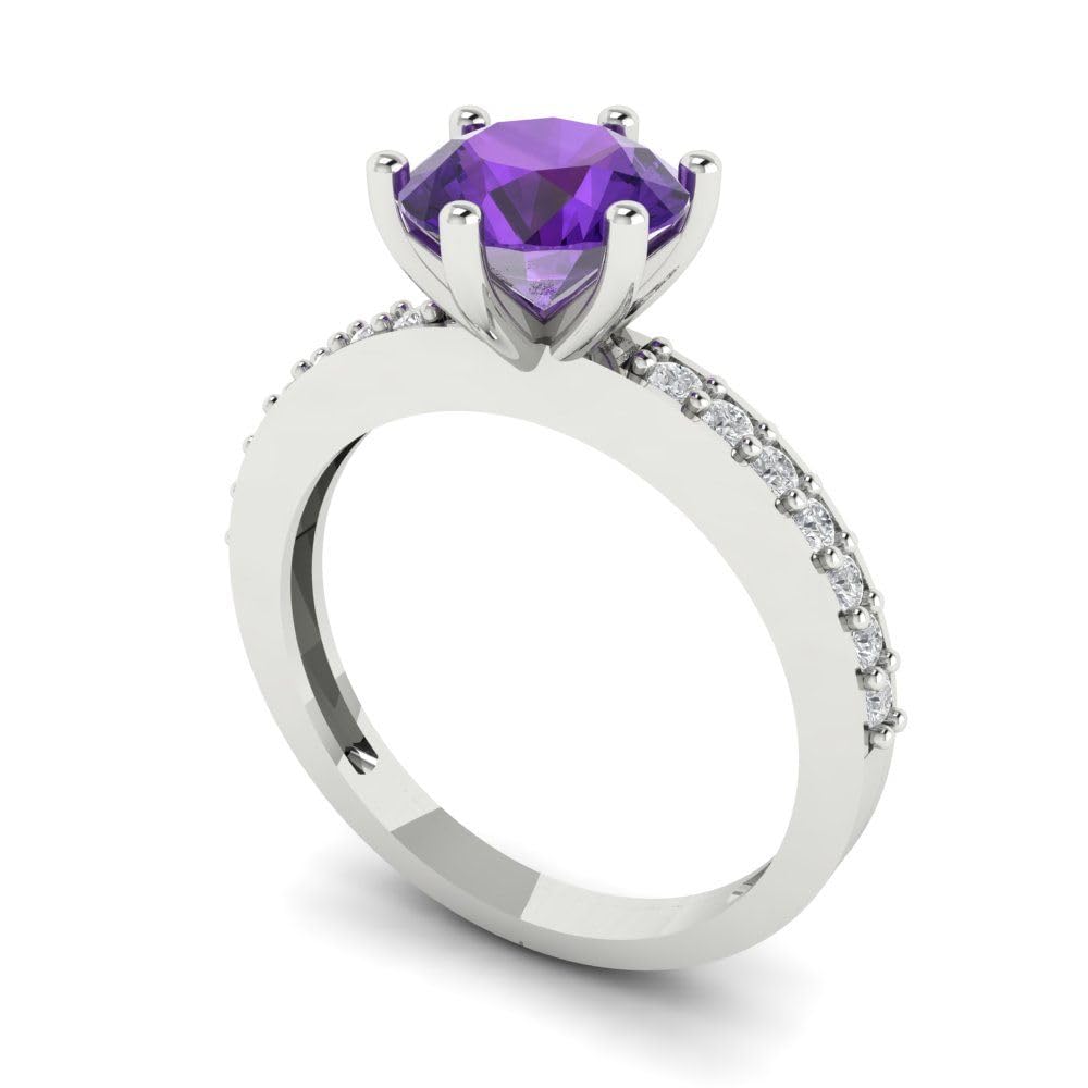 Clara Pucci 1.96 ct Round Cut Solitaire Natural Amethyst gemstone Designer Anniversary Bridal accent Engagement Ring 14k White Gold 3.5