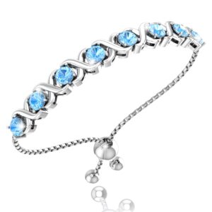 Belinda Jewelz - Birthstone Bangle Bracelet, Birthstone Bracelets for Women with 8 Round Stones, 925 Sterling Silver Adjustable Bracelet, Blue Topaz Birthstone Jewelry with Bolo Closure, 11”