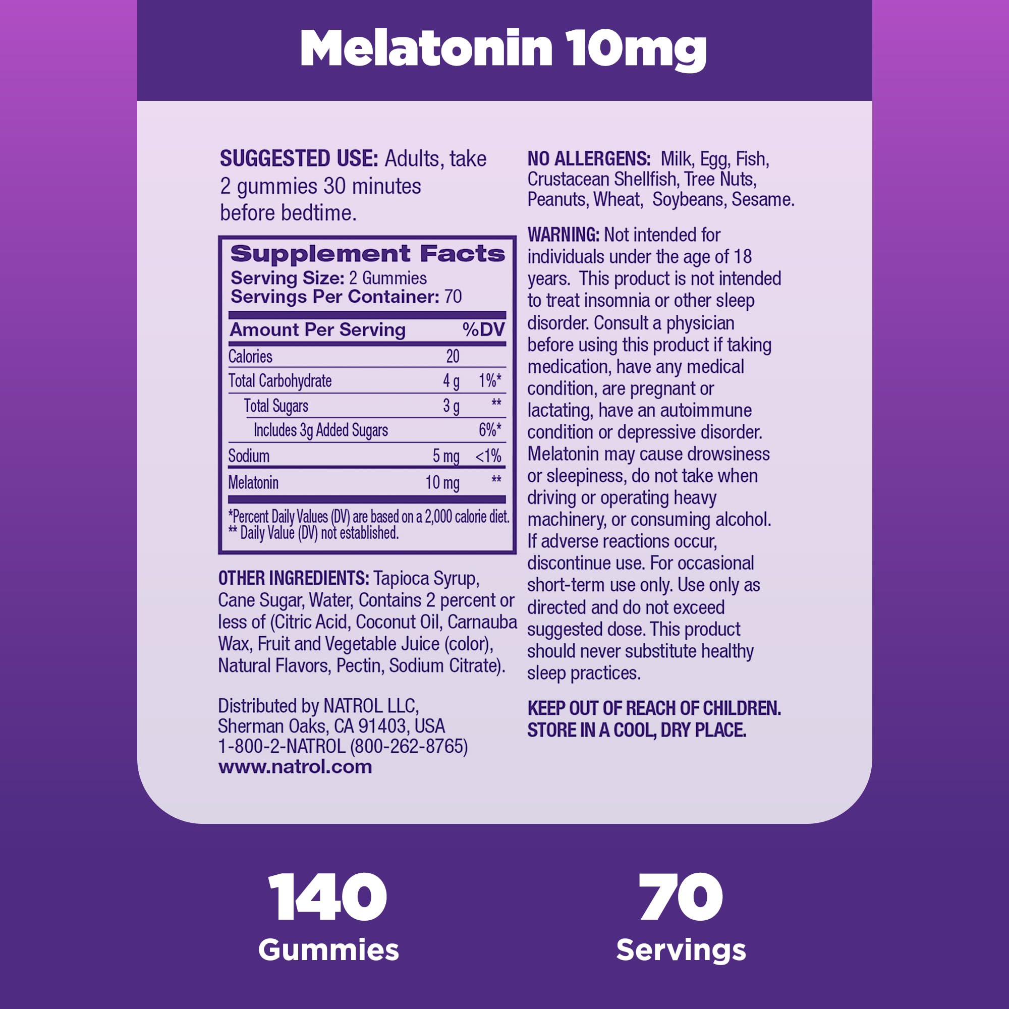 Natrol 10mg Melatonin Gummies, Sleep Support for Adults, Melatonin Supplements for Sleeping, 140 Strawberry-Flavored Gummies, 70 Day Supply