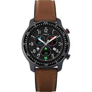 timex metropolitan r amoled smartwatch with gps & heart rate 42mm – black with brown leather & silicone strap