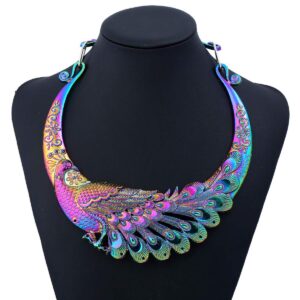 FLD 2-piece set of colorful retro ethnic carved peacock thick scarf, women's neck necklace, earrings, Indian exaggerated jewelry collar, retro necklace, earrings set