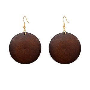 SMALLLOVE Wooden Earrings for Women Vintage African Bohemian Ethnic Wood Big Round Circle Geometric Lightweight Dangle Drop Hook Earrings (Dark brown)