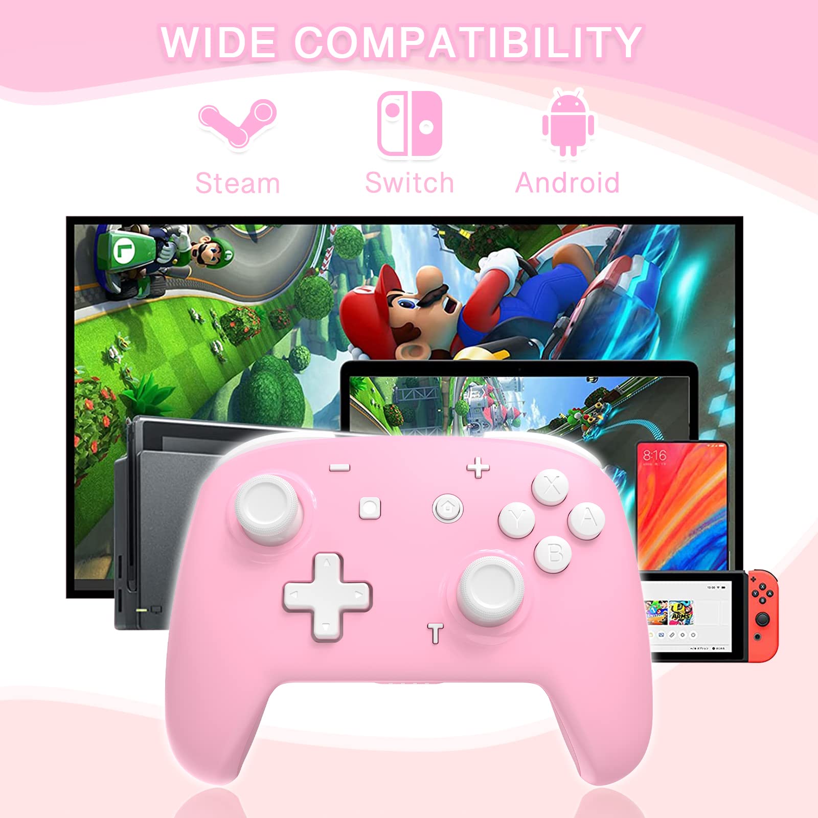 Wireless Switch Pro Controller for Switch/Switch Lite/Switch OLED, momen Pink Wireless Pro Controller with Turbo, Motion, Adjustable Vibration, Wake-Up, Gyro Axis