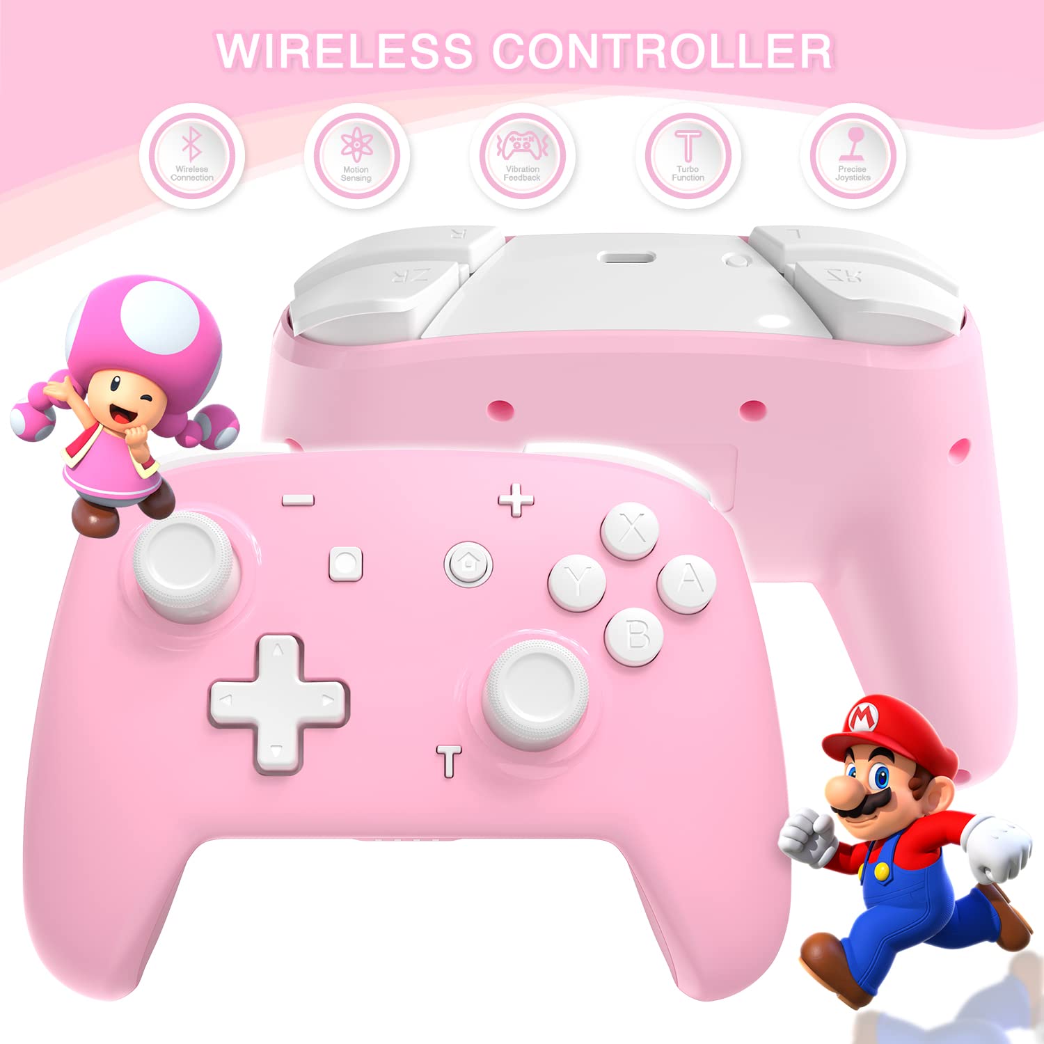 Wireless Switch Pro Controller for Switch/Switch Lite/Switch OLED, momen Pink Wireless Pro Controller with Turbo, Motion, Adjustable Vibration, Wake-Up, Gyro Axis