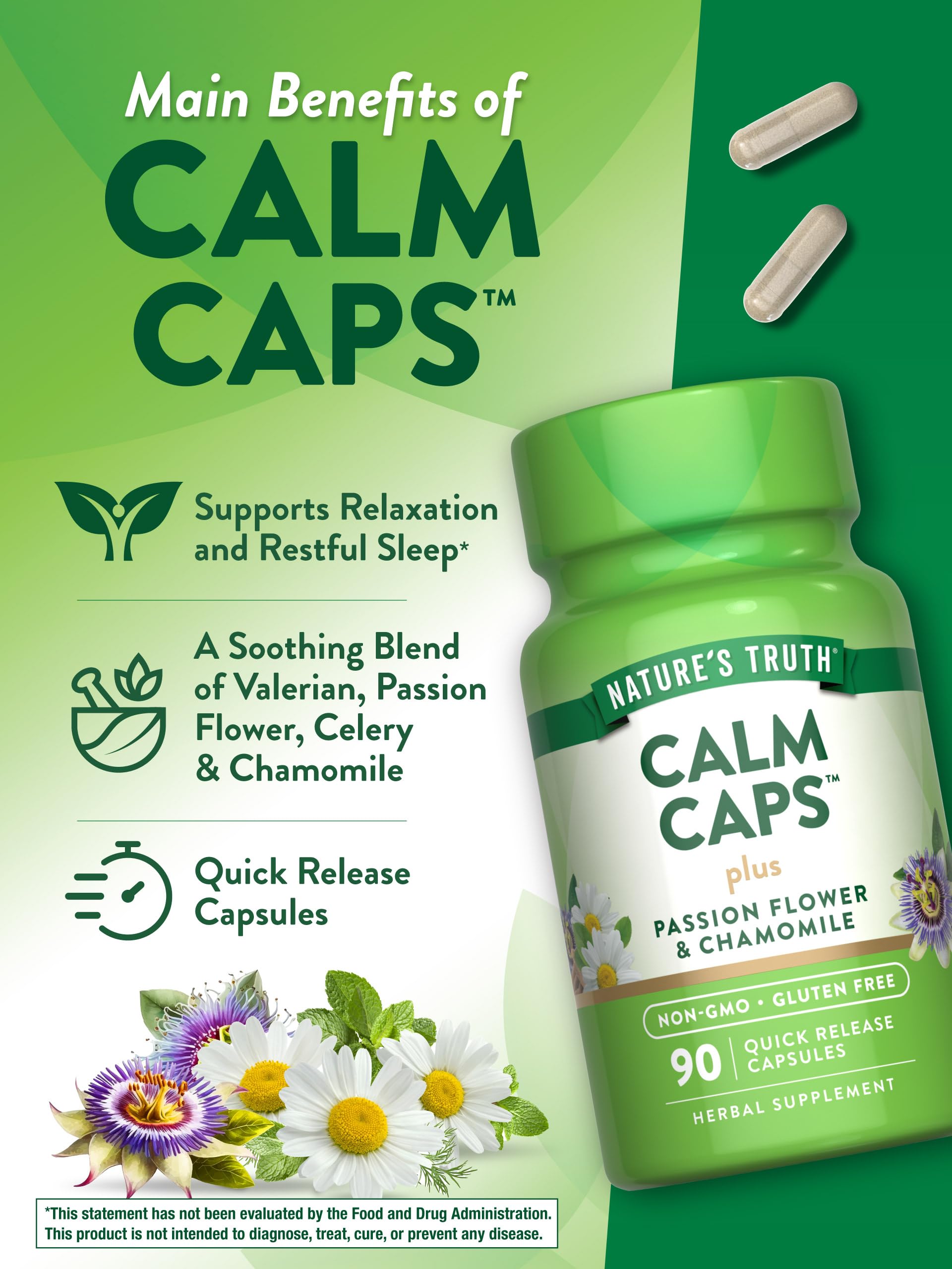 Nature's Truth Calm Caps | 90 Capsules | with Passion Flower and Chamomile | Non-GMO, Gluten Free Supplement